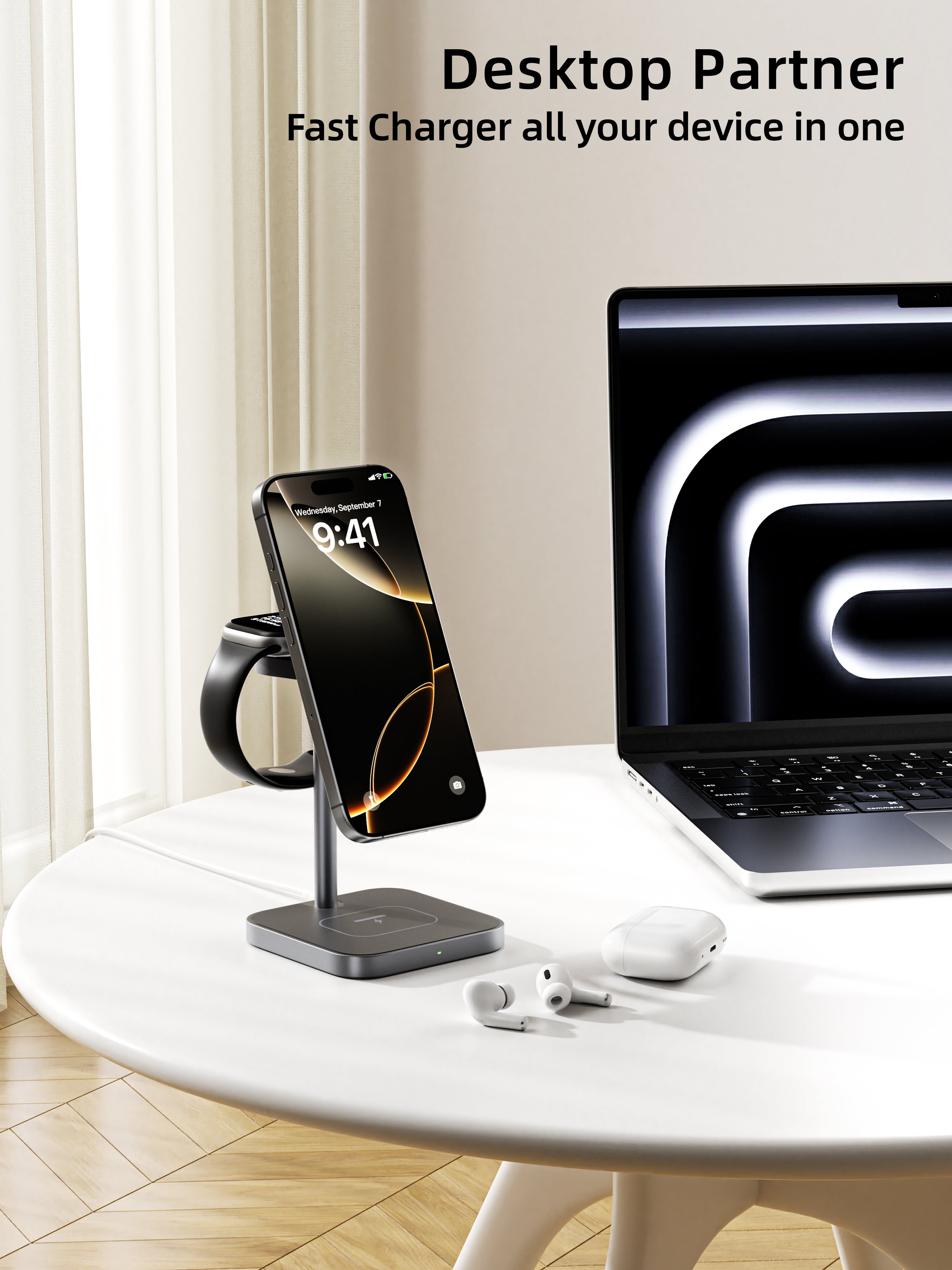 Ultra-Rise Qi2 15W 3 in 1 Wireless Charging Station